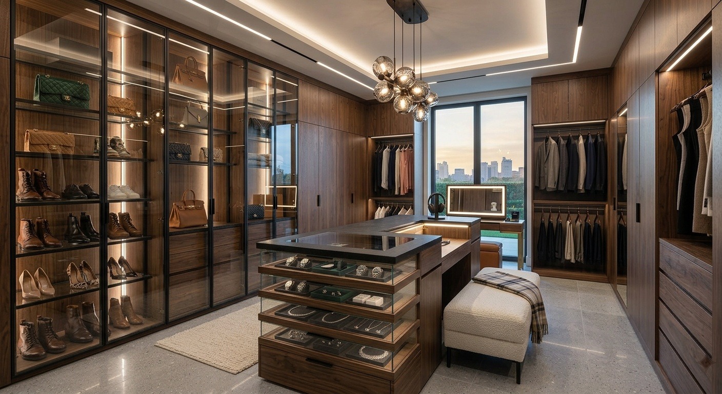 Walk in closet designed by a Montreal closet designer with island storage