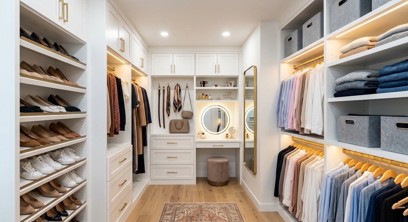 High end closet design in Montreal with glass front cabinetry