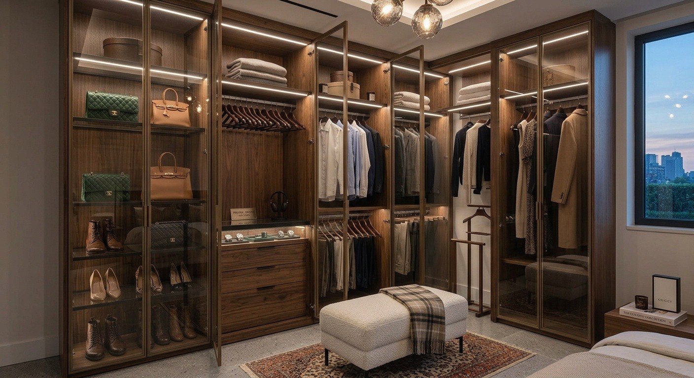 Luxury custom closet in Montreal with integrated lighting and open shelving